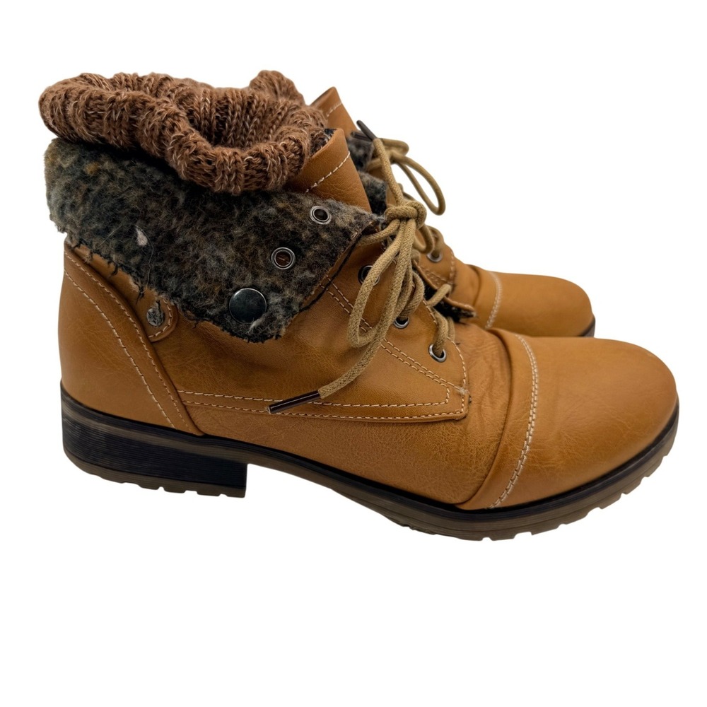 Refresh Wynne-01 Combat Boots Faux Fur Knit Cuff Lace Up Women's 8.5 Tan Winter